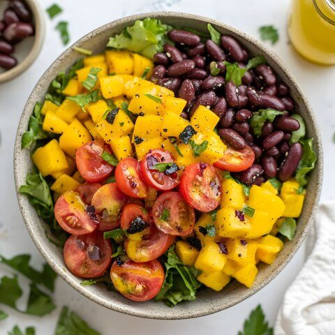 Ensalada de alubias rojas con mango, tomates cherry y crema de anacardos